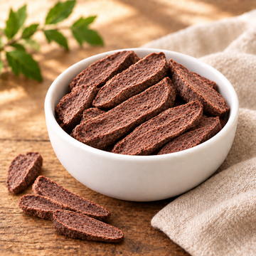 Freeze-dried beef heart pieces sliced lengthwise in a white ceramic bowl on a rustic wooden table with a linen cloth