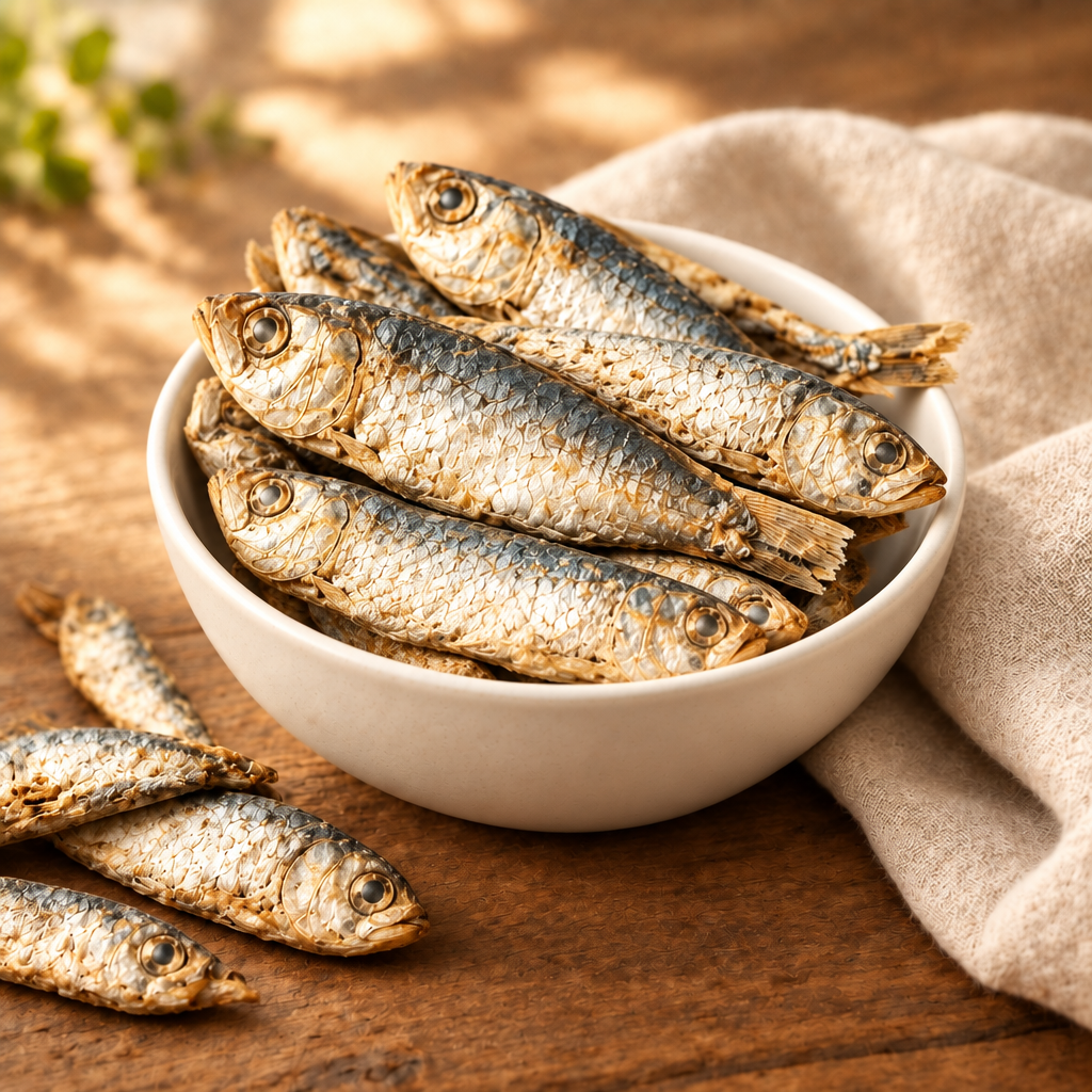 Plump freeze-dried sardine dog treats in a white ceramic bowl on a rustic wooden table with a linen cloth