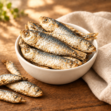 Plump freeze-dried sardine dog treats in a white ceramic bowl on a rustic wooden table with a linen cloth