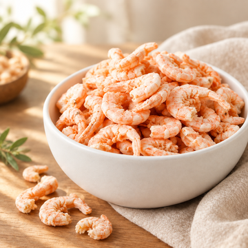 Freeze-dried shrimp dog treats in a white ceramic bowl on a rustic wooden table with a linen cloth